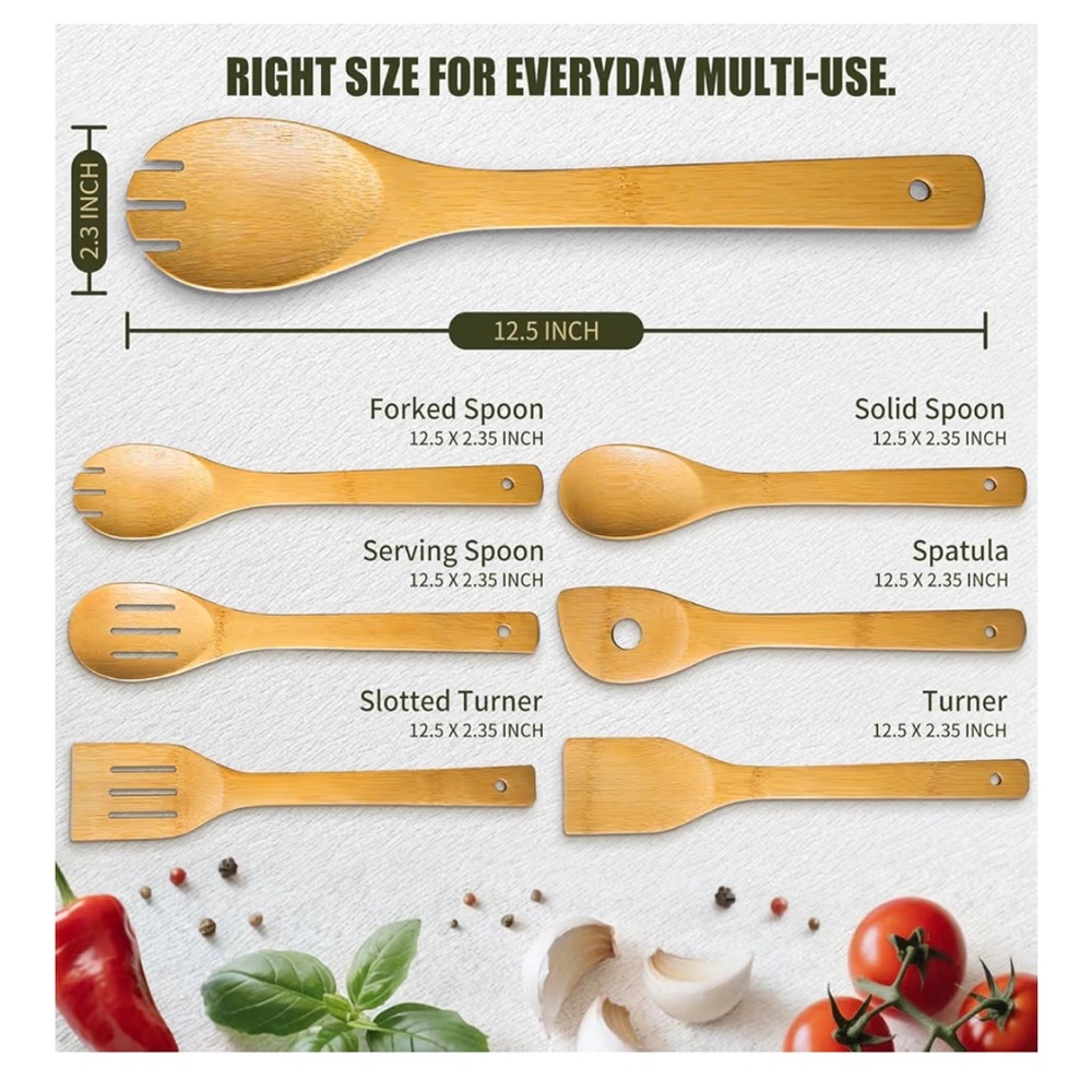 6 Pcs Bamboo Wooden Spoons for Cooking 12 In Non-Stick Wooden Kitchen Utensils